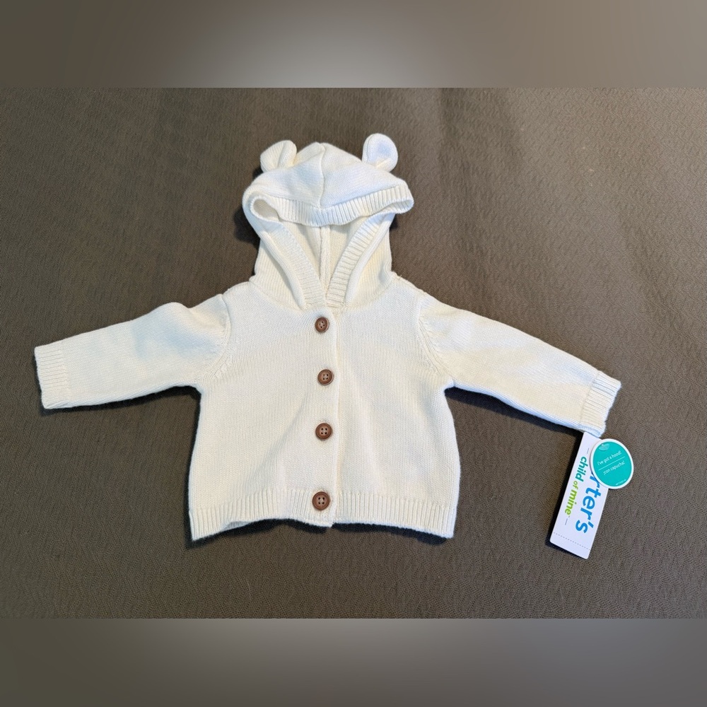 Carter’s child of mine newborn bear ears sweater zip hoodie NWT white cotton ♻️